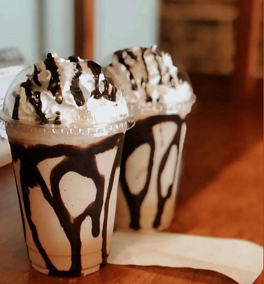 Two Smoky Mountain Mocha Freezes drizzled with chocolate